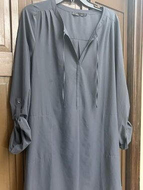prAna Women’s XL Gray Tunic Dress Roll‎ Tab Long Sleeve Split Neck Casual Travel